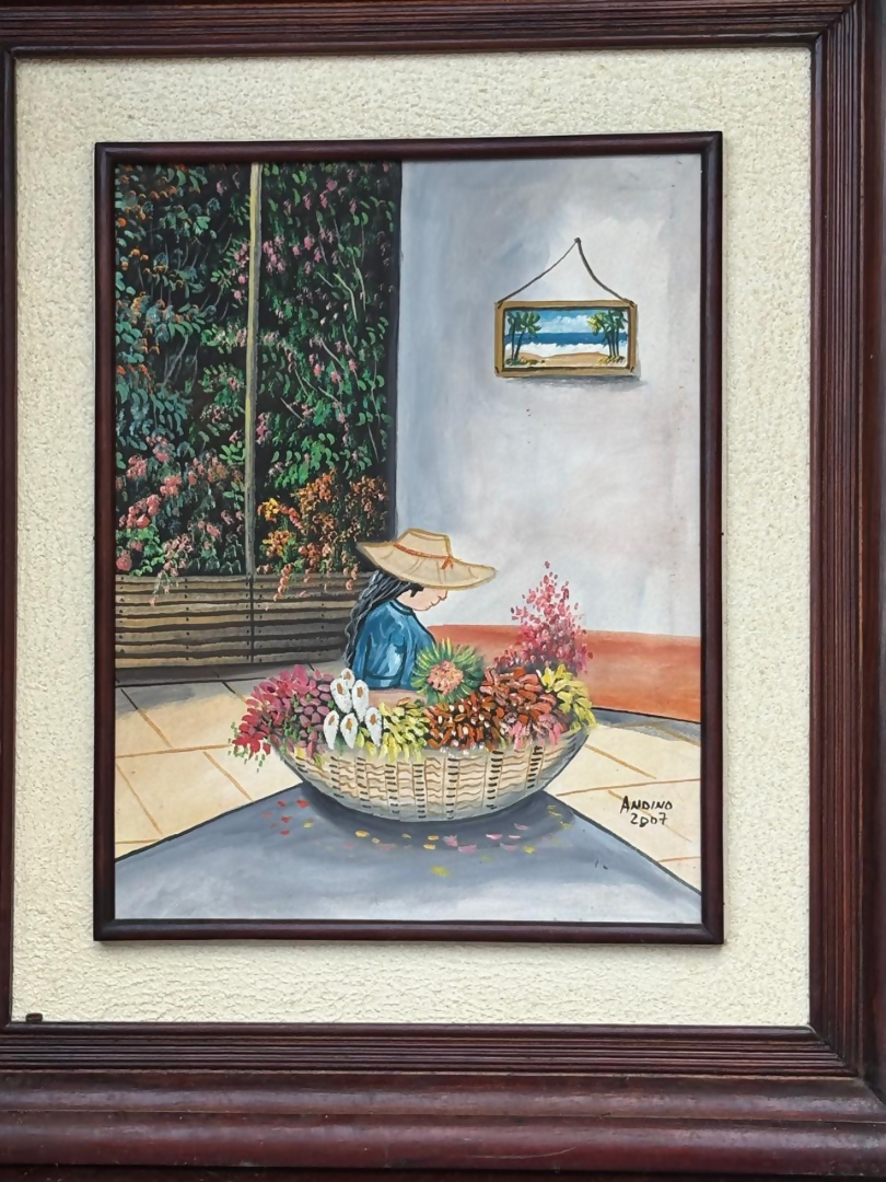 Cuadro mujer con flores andino